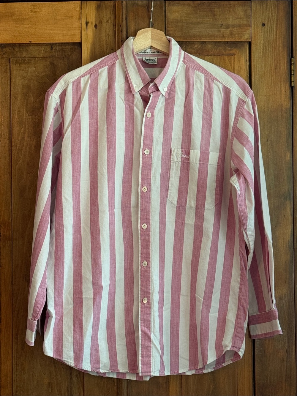 VINTAGE Guess by Marciano Pink & White Vertical Stripe Button-Down Shirt 80s 90s